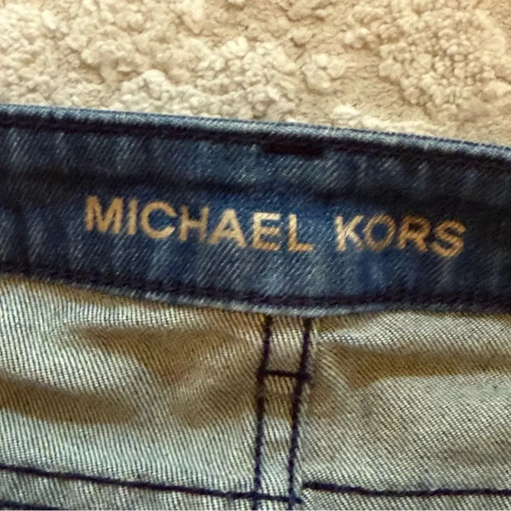 Michael Kors Izzy Skinny Ankle Jeans in Medium Blue Wash Raw Hem Split Cuff Sz 8
